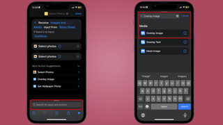 Adding the Overlay Image action in the Shortcuts app for creating composite images. The interface displays the search bar with 'Overlay Image' entered, and the action is highlighted.