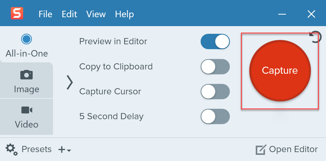 Snagit's user interface, highlighting the red capture button.
